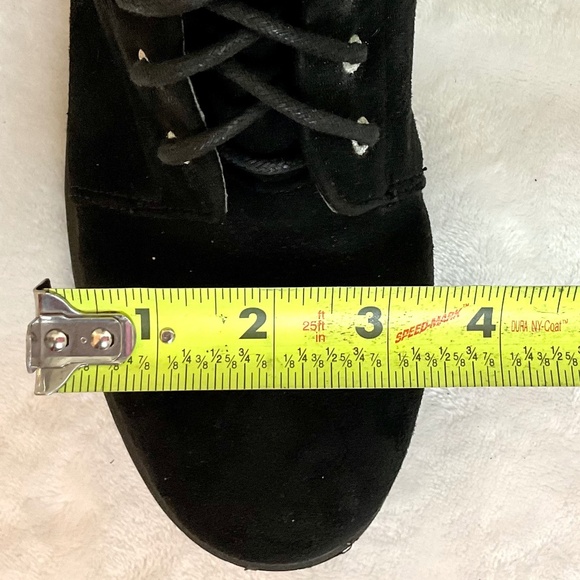 BLACK SUEDE ROUNDED TOE SIDE ZIP BUCKLE LACE UP ANKLE BOOTS WITH CRYSTAL DETAIL - Picture 8 of 16